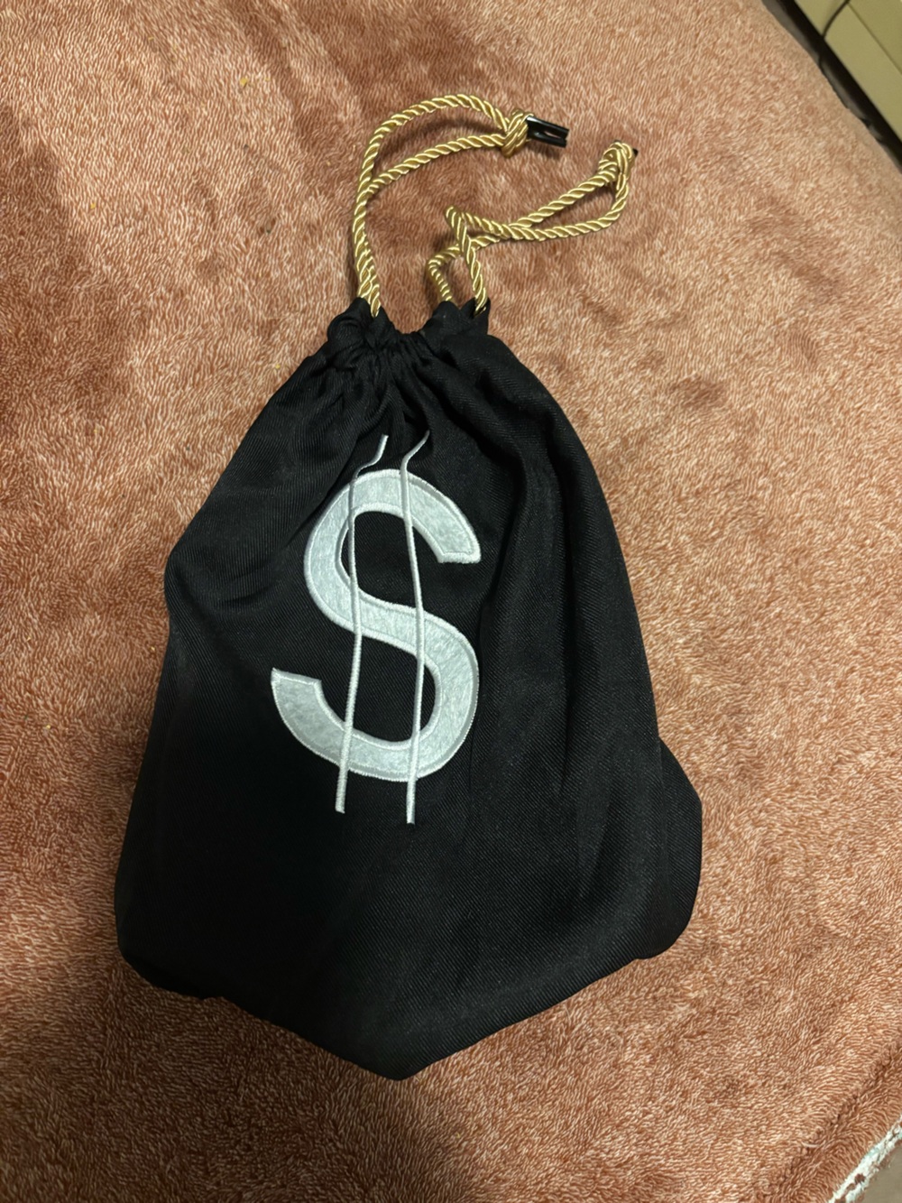 Black Drawstring Money Bag with Gold Rope